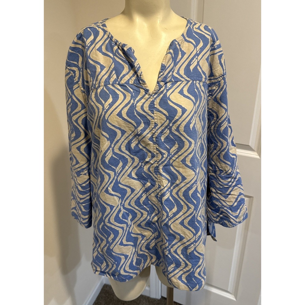 Masai Copenhagen Women's Abstract Cotton/Linen Print Tunic Shirt Blue Sz:XL